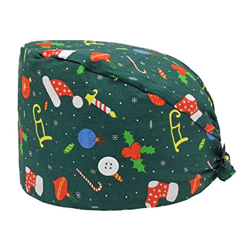 Cloudkids 4Piezas Sombrero Enfermera Unisex Ajustable Robin Hat Estampado Papá Noel Sombrero Quirofano Reutilizable Dentista Gorro Gorro de Trabajo Algodón para Pelo Largo Corto (B)