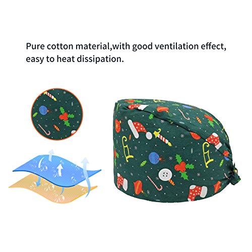 Cloudkids 4Piezas Sombrero Enfermera Unisex Ajustable Robin Hat Estampado Papá Noel Sombrero Quirofano Reutilizable Dentista Gorro Gorro de Trabajo Algodón para Pelo Largo Corto (B)