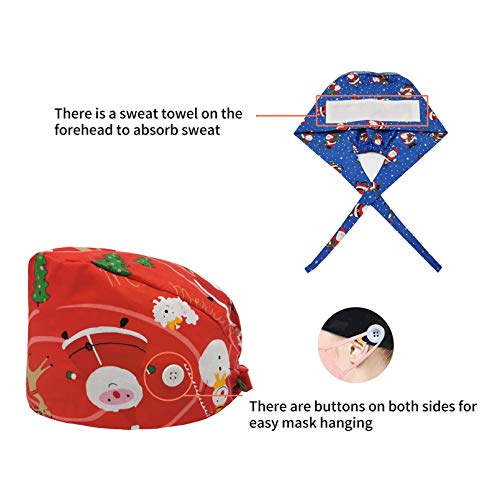 Cloudkids 4Piezas Sombrero Enfermera Unisex Ajustable Robin Hat Estampado Papá Noel Sombrero Quirofano Reutilizable Dentista Gorro Gorro de Trabajo Algodón para Pelo Largo Corto (B)