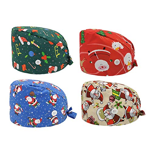 Cloudkids 4Piezas Sombrero Enfermera Unisex Ajustable Robin Hat Estampado Papá Noel Sombrero Quirofano Reutilizable Dentista Gorro Gorro de Trabajo Algodón para Pelo Largo Corto (B)