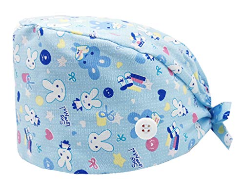 Cloudkids Sombrero Enfermera Unisex Ajustable Robin Hat Estampado Animal Sombrero Quirofano Reutilizable Dentista Gorro Gorro de Trabajo Algodón para Pelo Largo Corto (Conejo)