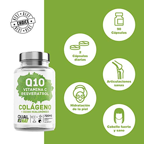 Colágeno marino hidrolizado 90 Cápsulas| Coencima Q10, Vitamina C,Resveratrol | Colágeno Marino Para una Piel Radiante y Buen Funcionamiento de Huesos y Articulaciones| QUALNAT