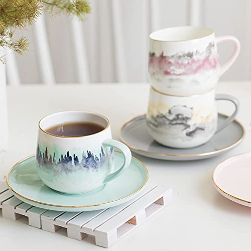 COLiJOL Taza de Bebida Cerámica Tienda de Té de Cerámica China Taza de Café de Café Y Platillo Set de 5,1 Onzas Arte Del Vintage Conjunto de Tazas de Café (Color: Rosa)/Azul