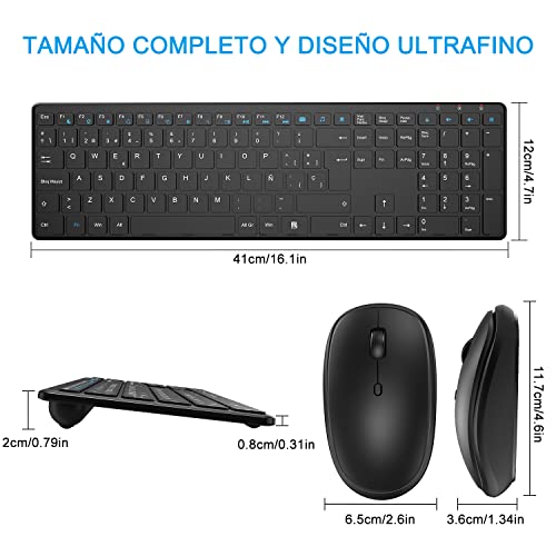 Combo de Teclado y Raton Inalambrico Español，2.4GHz Ergonómico Teclado y Ratón Inalámbricos Silenciosos con USB 2 en 1, para Chromebook, PC, Portátil (Negro)