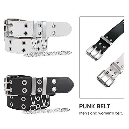 Comius Sharp Cinturón de Doble Ojal, 2 Piezas Doble Orificio Cinturón de PU Punk Hip Hop Rock, Cinturón Vaquero para Mujeres y Hombres Cadena de Metal Extraíble (Negro y Blanco)