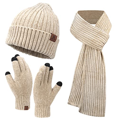 Cómoda tienda de invierno, gorro, bufanda y guantes en juego de 3 beige Talla única