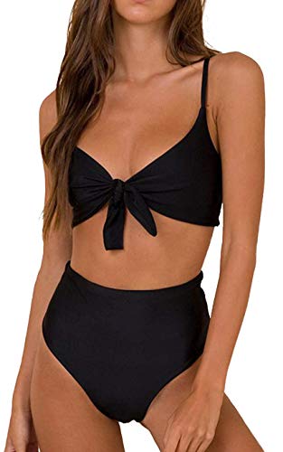 Conjunto de Bikini de Cintura Alta para Mujer Traje de Baño de Dos Piezas Traje de Baño de Nudo de Corbata de Guinga(Negro,XL)
