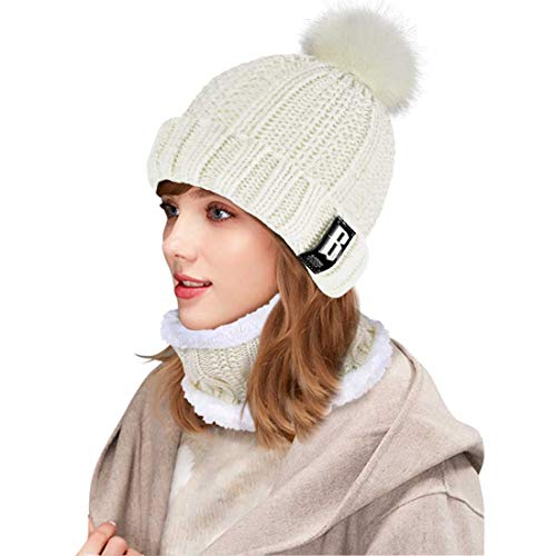 Conjunto de gorro y bufanda de punto, forro polar de invierno, forro de lana Beanie Hat, calentadores de cuello para mujeres (Blanco)