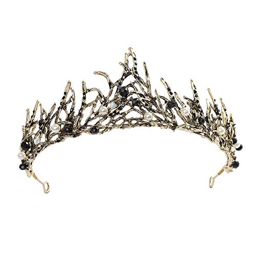 Corona Barroca Corona de Perlas Negras Vintage Princesa Pelo Corona Corona de Cristal Negro Tiara de Boda Halloween