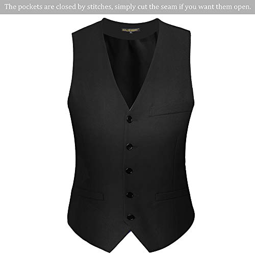 Coucoland Chaleco de traje para hombre, cuello en V, sin mangas, con 5 botones, corte ajustado, para esmoquin, para bodas de negocios Negro L