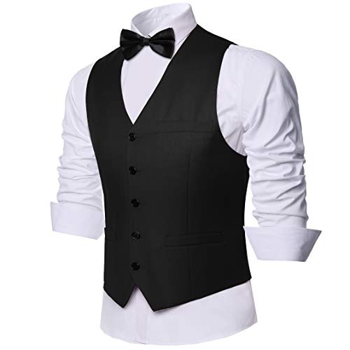 Coucoland Chaleco de traje para hombre, cuello en V, sin mangas, con 5 botones, corte ajustado, para esmoquin, para bodas de negocios Negro L