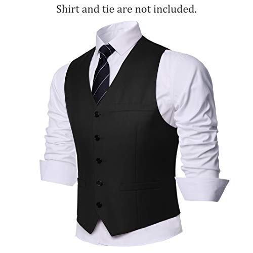 Coucoland Chaleco de traje para hombre, cuello en V, sin mangas, con 5 botones, corte ajustado, para esmoquin, para bodas de negocios, Negro , S