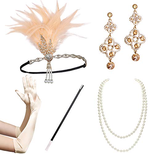 Coucoland Juego de accesorios para mujer de los años 20, incluye diadema, collar, guantes, pendientes y soporte para cigarrillos (set de 28)