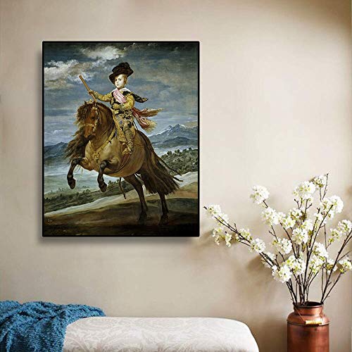 Cuadro en Lienzo Impresión Tejido no Tejido  -Prince Baltasar Carlos a Caballo -Diego Velazquez 64X80Cm Sin Marco, Replica Lienzo Arte Impresión en Lienzo Pintura de Pared