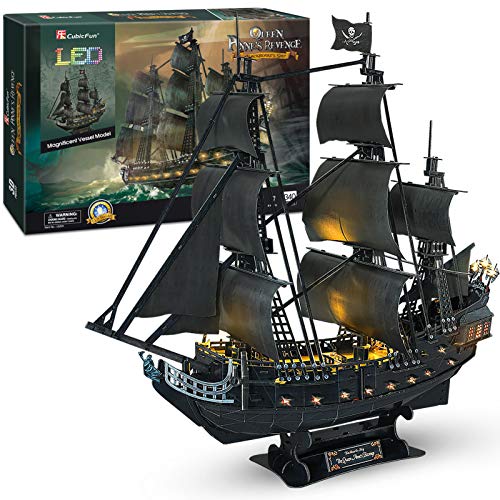 CubicFun Puzzle 3D Queen Anne's Revenge Rompecabezas 3D Nave Kit de Modelo de Barco Pirata (LED) Divertido Regalo para Niños y Adultos, 340 Piezas