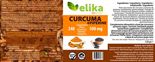 Cúrcuma con Pimienta negra (Piperine) 100% NATURAL de Elikafoods® 240 comprimidos vegetales de 500 mg. Potente antiinflamatorio y antioxidante natural. Sin aditivos ni estimulantes artificiales.