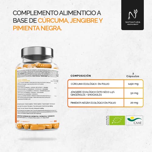 Cúrcuma Ecológica + Jengibre ECO + Pimienta negra ECO. Potente antioxidante y antiinflamatorio natural. 120 cápsulas vegetales. Natnatura Health & Beauty