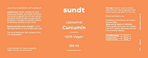 Curcumina liposomal líquida como antioxidante natural contra la inflamación - Frasco de 250 ml - 50 aplicaciones - Vegano y sin OGM - Hecho en la UE - Sundt Nutrition® Suplemento alimenticio