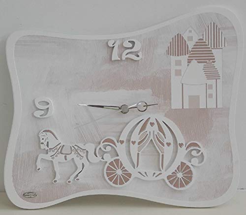 Cvc srl – Reloj de Madera Blanco con decoración de Caballo y carroza, tamaño 49 x 42 cm – Regalo para Ceremonias de Boda, decoración del hogar