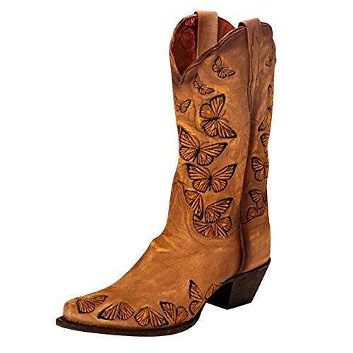 Dasongff Botines de mujer con tacón alto hasta la rodilla, botas de invierno vintage con mariposas bordadas, botas de vaquero, botas de invierno, cómodas botas de caña alta