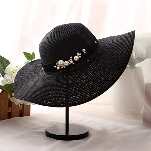 Da.Wa Beige Sombrero de Verano Sombrero de Paja Sombrero de Paja Tejido Sombrero de Playa Plegable Beading Decoración Mujer