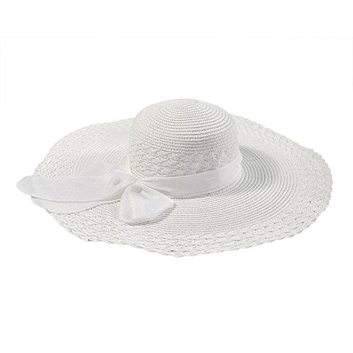 Da.Wa Sombrero de verano de las mujeres Sombrero de paja tejida Sombrero de paja Sombrero de playa plegable Bowknot Band Decoración (blanco)