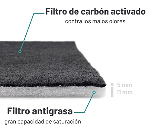 D&D Living® Filtros de carbón activado para campana extractora | Paquete de 2 | Filtro de carbono activado y filtro antigrasa | Filtro recortable a medida 57x47 cm