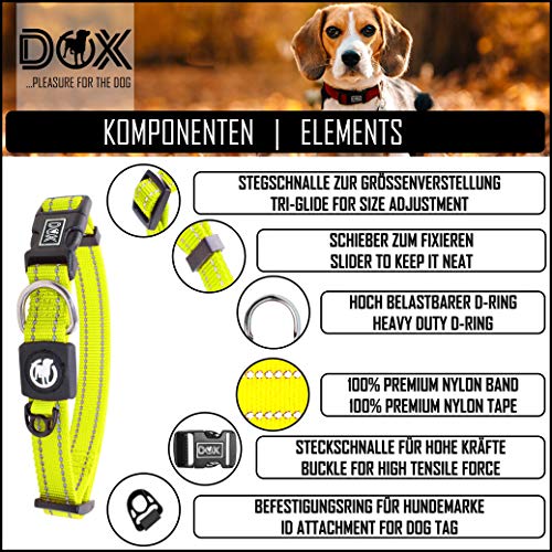 DDOXX Collar Perro Nylon, Reflectante, Ajustable | Muchos Colores & Tamaños | para Perros Pequeño, Mediano y Grande | Collares Accesorios Gato Cachorro | Amarillo, M