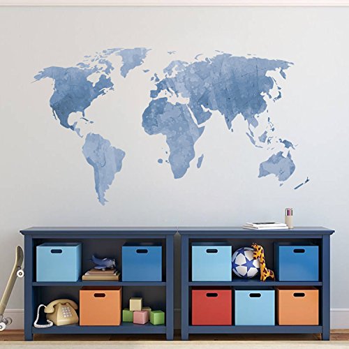 decalmile Mapa del Mundo Pegatinas de Pared Vinilos Decorativas Dormitorio Salón Oficina (Azul, 131 x 75 cm)
