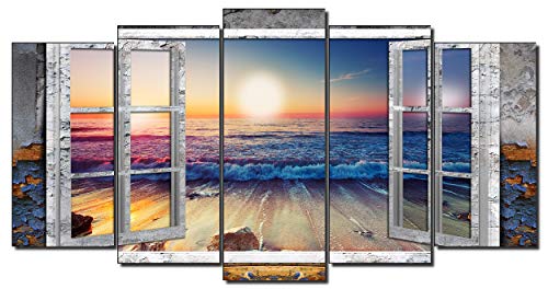 DekoArte 495 - Cuadros Modernos Impresión de Imagen Artística Digitalizada | Lienzo Decorativo Para Salón o Dormitorio | Estilo Paisajes Vistas Puesta de Sol en Playa desde Ventana | 5 Piezas 150x80cm