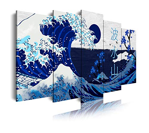 DekoArte 538 - Cuadros Modernos Impresión de Imagen Artística Digitalizada | Lienzo Decorativo Para Tu Salón o Dormitorio | Estilo Abstractos Arte La Gran Ola De Kanagawa azul | 5 Piezas 150 x 80 cm