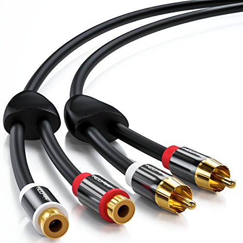 deleyCON 0,5m Cinch Extensión RCA Extensión Cable de Audio Estéreo Enchufe RCA 2x para 2x Conector RCA Enchufes de Metal Chapado en Oro - Negro