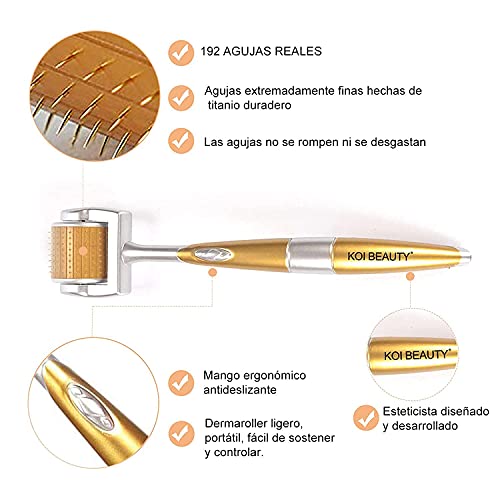 Dermaroller Derma Roller 1.5mm Rodillo Facial 192 Titanio Microagujas Rodillo de Micro Agujas Microneedling Profesional para cuerpo, arrugas, estrias, acné cicatrices Koi Beauty