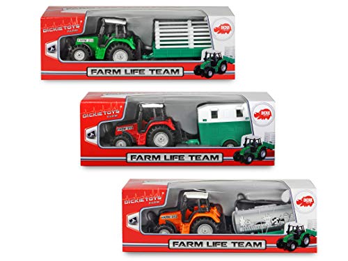 Dickie Toys 203733001 Farm Life Team - Tractor con Remolque, Juguete de Granja, Tractor de Juegos, con depósito, Remolque para Caballos o heno, 3 Modelos Diferentes, 18 cm, a Partir de 3 años
