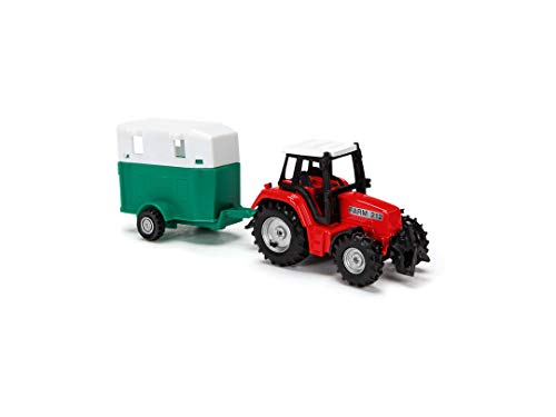 Dickie Toys 203733001 Farm Life Team - Tractor con Remolque, Juguete de Granja, Tractor de Juegos, con depósito, Remolque para Caballos o heno, 3 Modelos Diferentes, 18 cm, a Partir de 3 años