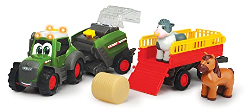 Dickie Toys ABC Fendt Diorama-Juego de Tractor, exprimidor Bolas de heno, Colgante de Animales, Vaca y Caballo, con luz y Sonido, para niños a Partir de 12 Meses, Multicolor (204118002ONL)