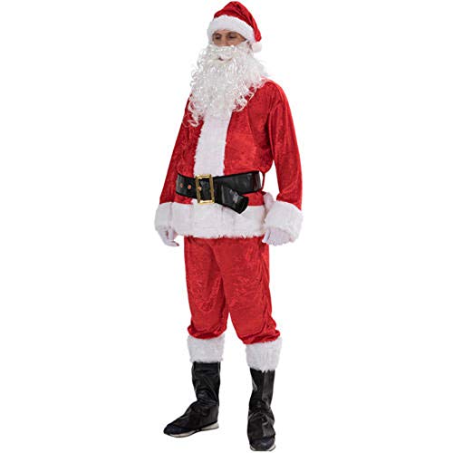 Disfraz de Papá Noel de 7 piezas para hombres, traje de Papá Noel de felpa con sombrero para barba, cinturón de cinturón, disfraz de Navidad para adultos, rosso, M