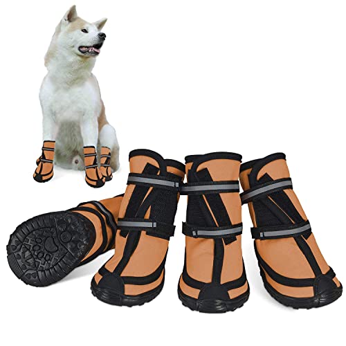 Dociote Zapatos para Perros, 4Pcs Antideslizante Botas con Correas Resistente, Impermeables Protectores de Patas para Perros Medianos y Grandes Naranja XXL