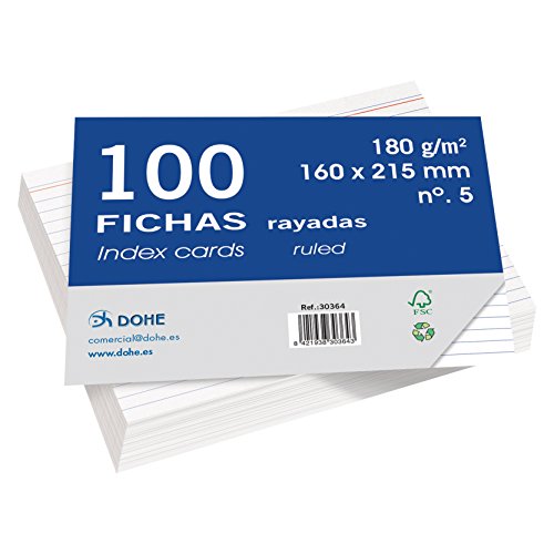 Dohe 30364 - Pack de 100 fichas rayadas de cartulina blanca, 180 g, nº 5, 160 x 215 mm