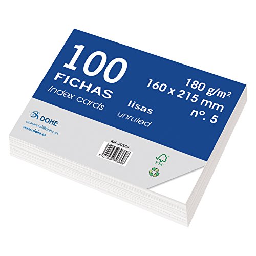 Dohe 30369 - Pack de 100 fichas lisas de cartulina blanca, 180 g, lisas, nº 5, 160 x 215 mm