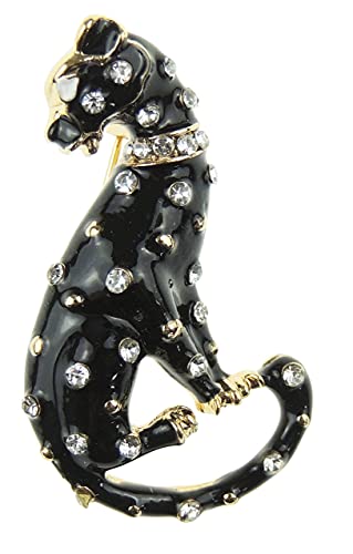 DSTDM Pin de Broche, suéter Clip de Chal, Insignia de alfiler, Clip de Hebilla, Damas Sparkly Diamante Crystal Broche Sentado Leopardo Jaguar Gato (Color : Black)