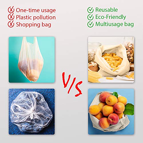 Eco Right - Bolsas para cosecha reutilizables, algodón, respetuosas con el medioambiente, con cordón, 9 unidades (3 grandes, 3 medianas y 3 pequeñas)