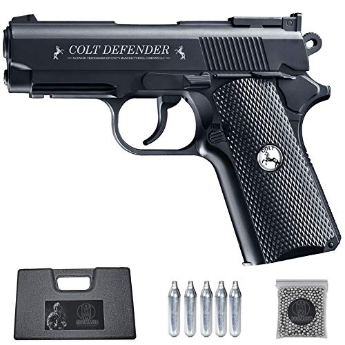 Ecommur. Colt Defender Full Metal | Pistola de perdigones (Bolas BB's de Acero) de Aire comprimido semiautomática 4,5mm + maletín + balines y CO2