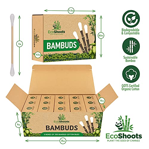 EcoShoots 1000 bastoncillos de algodón de bambú | Paquete de 5x200 bastoncillos orgánicos | Embalaje libre de plástico reciclado | Auriculares de bambú orgánico con certificado GOTS | Biodegradables