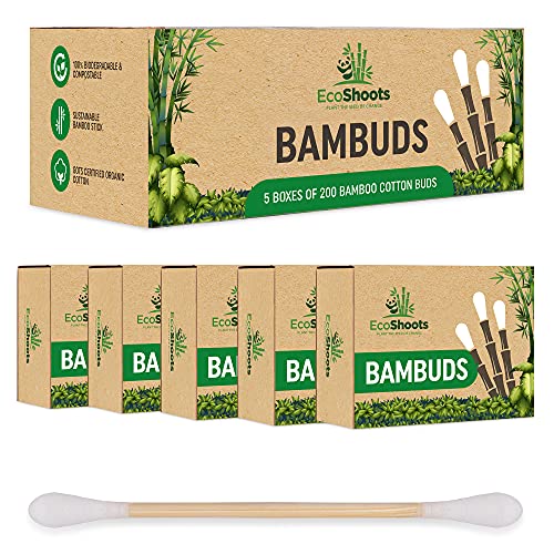 EcoShoots 1000 bastoncillos de algodón de bambú | Paquete de 5x200 bastoncillos orgánicos | Embalaje libre de plástico reciclado | Auriculares de bambú orgánico con certificado GOTS | Biodegradables