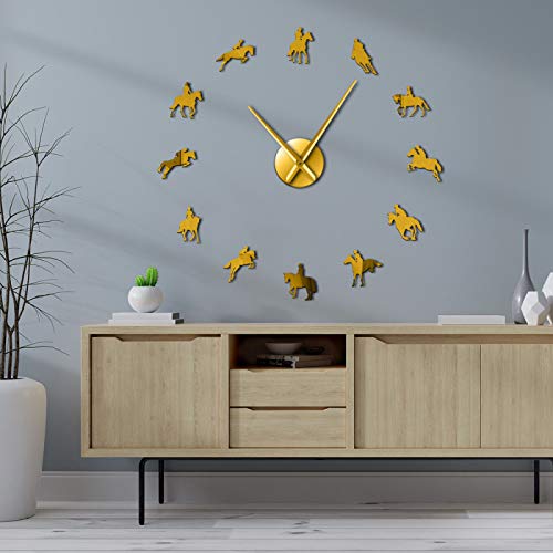 Ecuestre DIY Reloj de Pared Grande Ecuestre Arte de Pared Decorativo Pegatinas Carrera de Caballos Montar a Caballo Efecto Espejo Relojes acrílicos