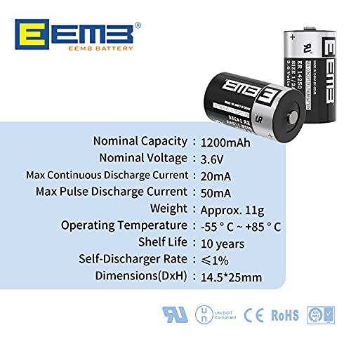 EEMB ER14250 Batería LS14250 3.6V Pila 1/2 aa 1200 mAh Batería de litio Pila litio Li-SOCl₂ Certificación UL un solo uso Batería No recargable (10 Piezas)