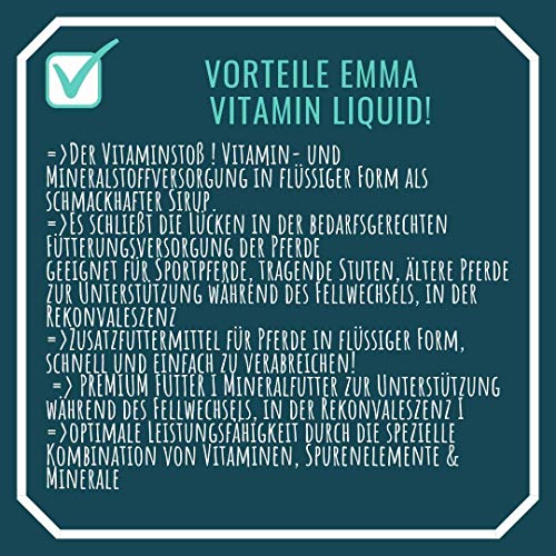 EMMA Vitamin Liquid Plus Booster I Set de Ahorro I Vitaminas B para Caballos, B12, B6, B2, B1 I Vitamina E, A, D Selenio, Zinc, minerales 1 Booster 30 ml + 1 L