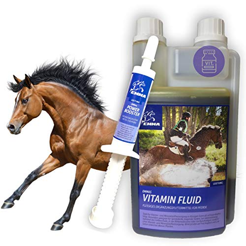 EMMA Vitamin Liquid Plus Booster I Set de Ahorro I Vitaminas B para Caballos, B12, B6, B2, B1 I Vitamina E, A, D Selenio, Zinc, minerales 1 Booster 30 ml + 1 L