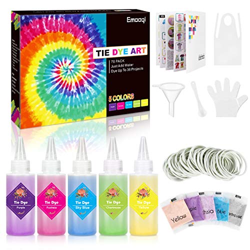 Emooqi Tie Dye Kit, 5 Colores Vibrantes Kit Tintes Textiles con Botellas Exprimibles, Gomas & Guantes etc, DIY Kit Permanentes Pinturas Ropa Tinte para Niños & Adultos